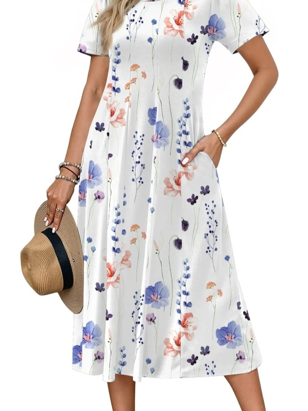 White Midi Dress with Purple & Coral Floral Print